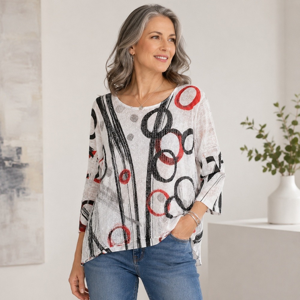 Jess & Jane Womens XL Abstract Circle Print Mesh 3/4 Sleeve Top White Red
